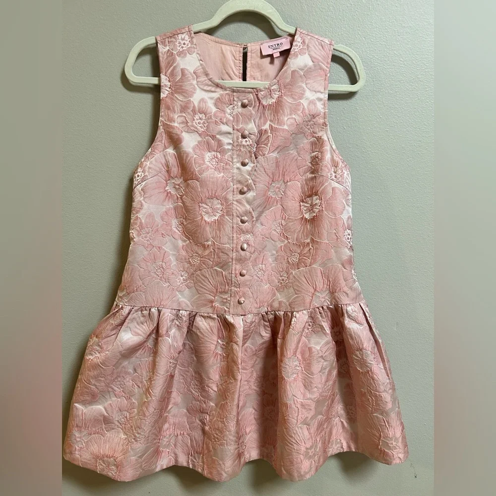 Entro Floral Dress Small Pink Jacquard Fit Flare Lined Sleeveless Boutique - Picture 1 of 12